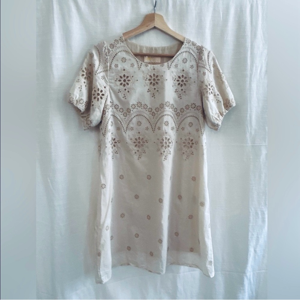 Ray Beams Cream Eyelet Embroidered Tunic Dress  boho‎  Cottagecore  monochrome